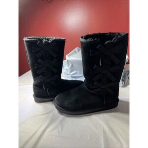 KOOLABURRA BY UGG VICTORIA TALL FAUX FUR BOW SUEDE BLACK WINTER SNOW BOOTS SZ 4